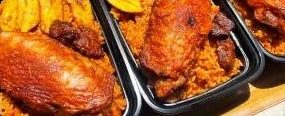 Party jollof rice with turkey and plantain